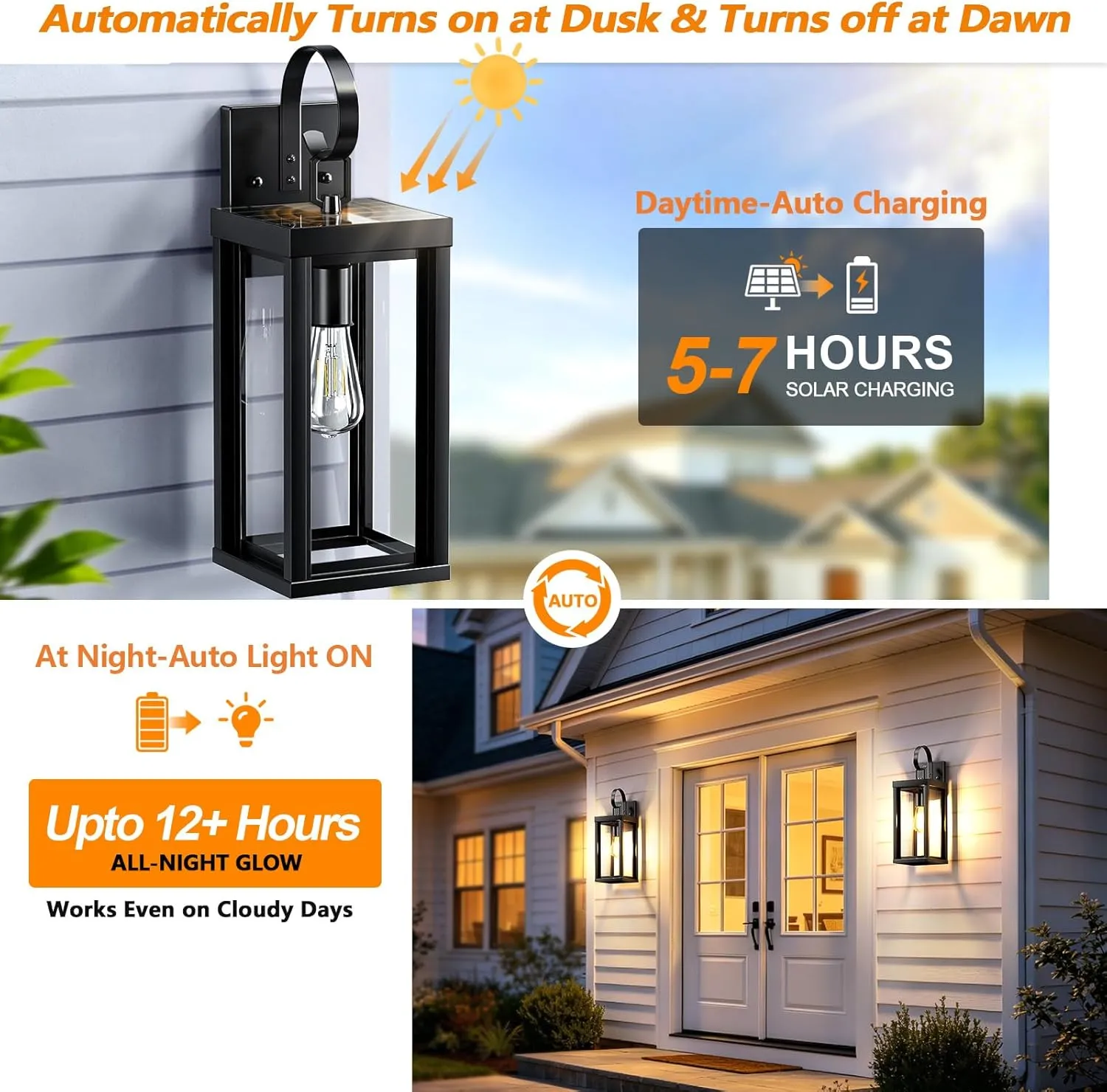 B06183PT WL224B-BK 18" Large Solar Porch Lights Outdoor 2-Pack, Dusk to Dawn Solar Wall Sconce, Anti-Rust Waterproof Exterior Lanterns for House, Outside Garage Wall Mount Lighting Fixture with Bulbs, Matte Black - Image 5