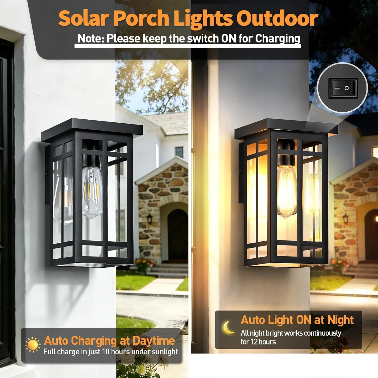 B06180PT WL326B-BK Solar Porch Lights Outdoor 2 Packs, 11'' Black Dusk to Dawn Outdoor Lighting Modern Wall Sconce Lantern, Modern Exterior Lighting Fixtures, Waterproof Outside lights for House, Garage, Front Porch - Image 3