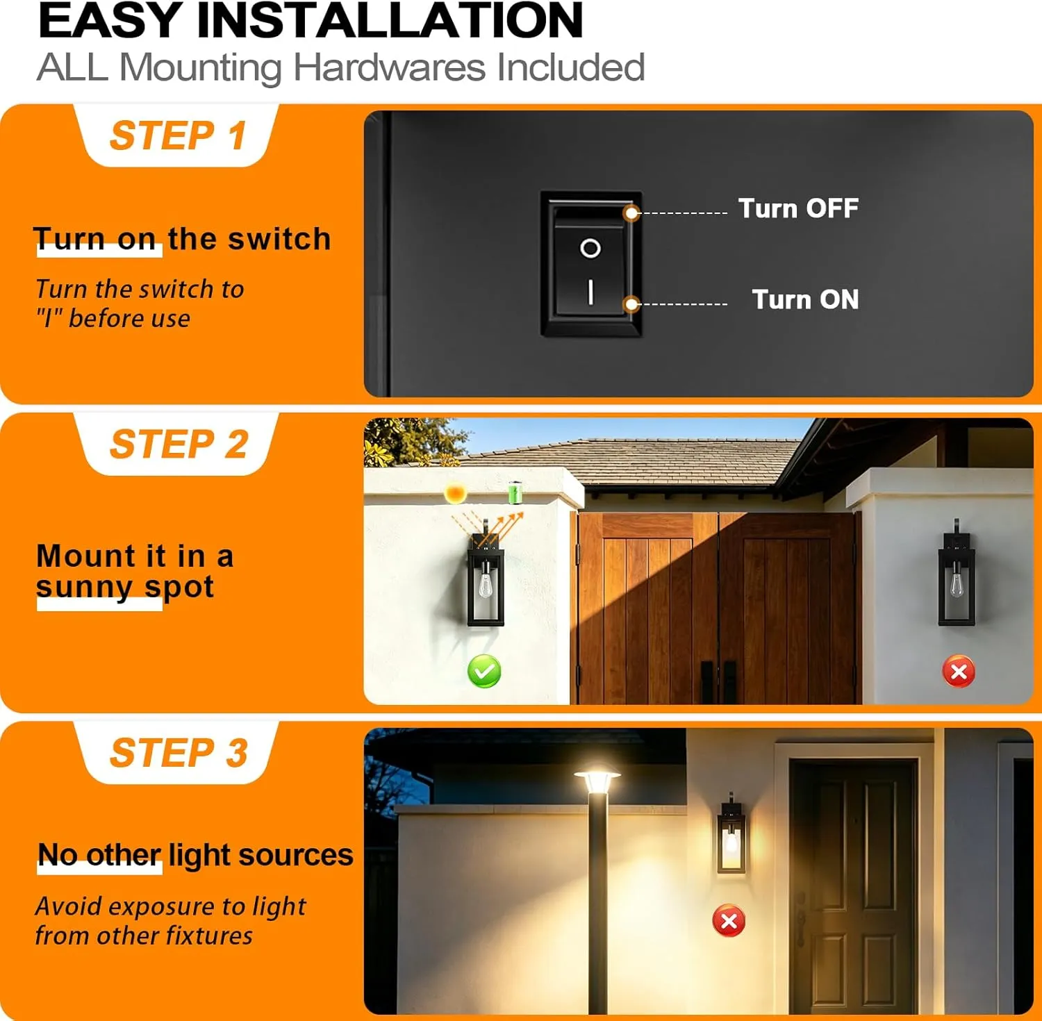 B06183PT WL224B-BK 18" Large Solar Porch Lights Outdoor 2-Pack, Dusk to Dawn Solar Wall Sconce, Anti-Rust Waterproof Exterior Lanterns for House, Outside Garage Wall Mount Lighting Fixture with Bulbs, Matte Black - Image 4
