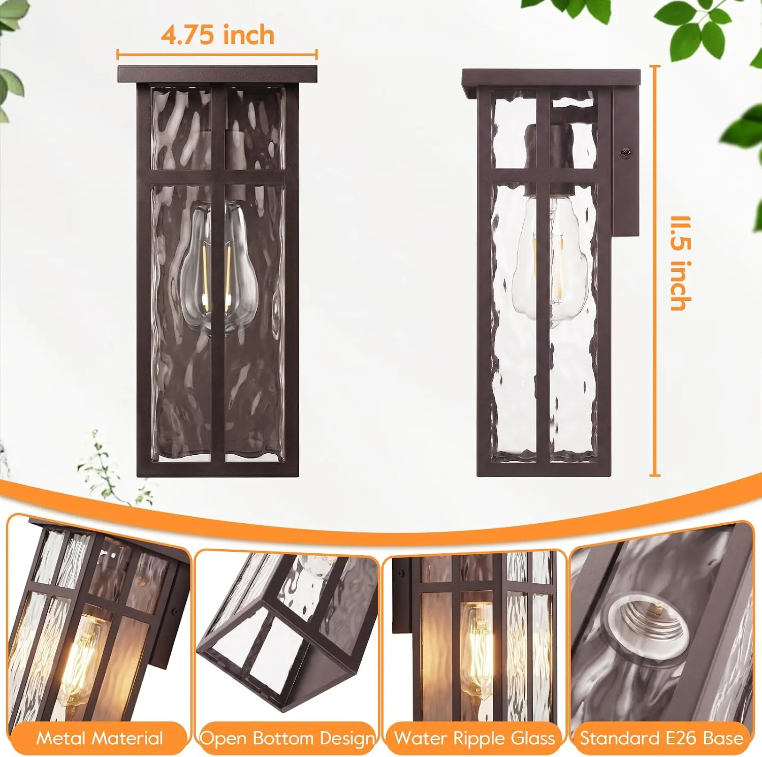 B05107PB Outdoor Wall Lights, Exterior Lighting Fixtures, Waterproof Porch Lights, Wall Sconces Lanterns with Water Ripple Glass Shade, Outside Lights for House Front Door Patio Garage, Brown - Image 4