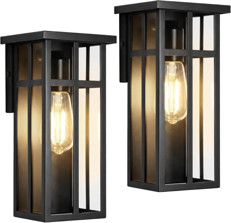 B05107P Outdoor Wall Light Fixtures, Exterior Waterproof Porch Wall Lanterns, Matte Black Wall Sconces with Clear Glass Shade, Modern Outside Lights for House Front Door Patio Garage, 2-Pack