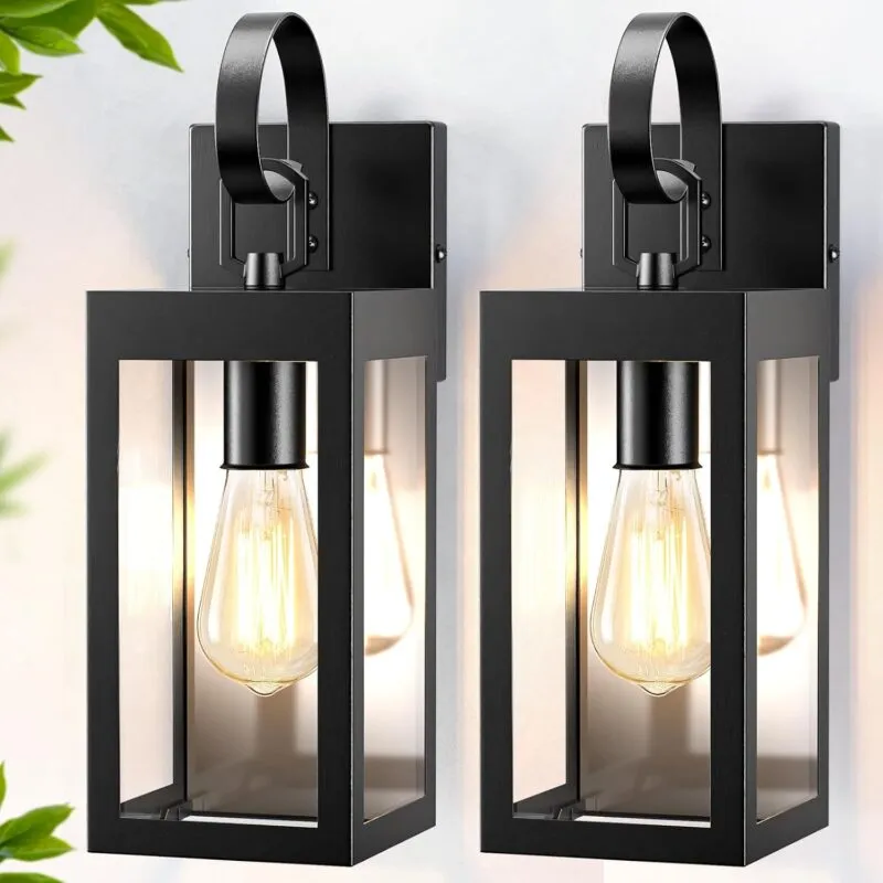 B04093PT WL511-BK 14" Solar Wall Lights Outdoor 2 Packs, Dusk to Dawn Outdoor Light Fixture Wall Mount, Black Solar Porch Light with Clear Glass, Waterproof Outside Lights for House Porch Garage