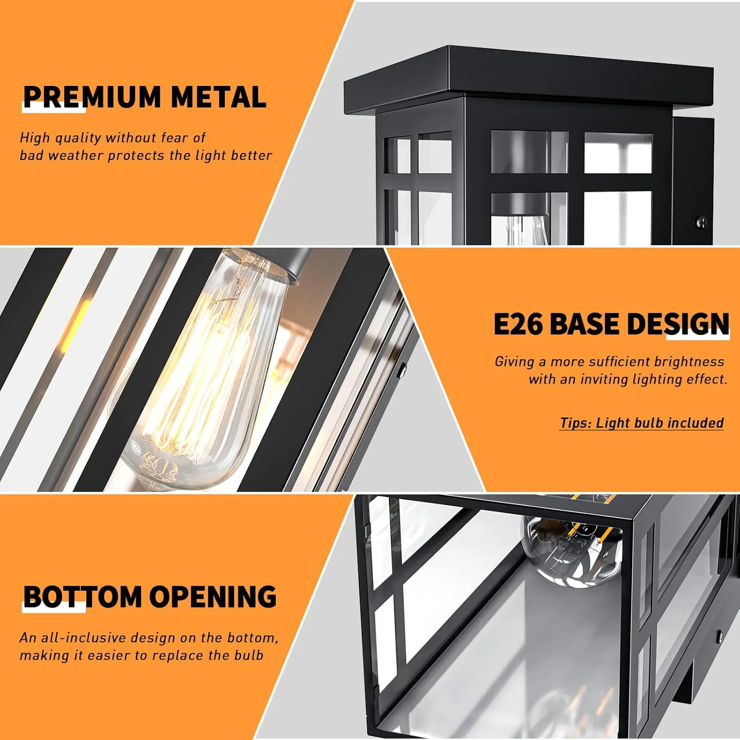 B06180PT WL326B-BK Solar Porch Lights Outdoor 2 Packs, 11'' Black Dusk to Dawn Outdoor Lighting Modern Wall Sconce Lantern, Modern Exterior Lighting Fixtures, Waterproof Outside lights for House, Garage, Front Porch - Image 5