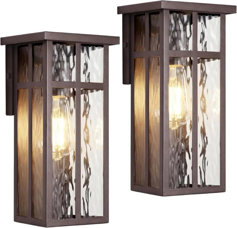 B05107PB Outdoor Wall Lights, Exterior Lighting Fixtures, Waterproof Porch Lights, Wall Sconces Lanterns with Water Ripple Glass Shade, Outside Lights for House Front Door Patio Garage, Brown