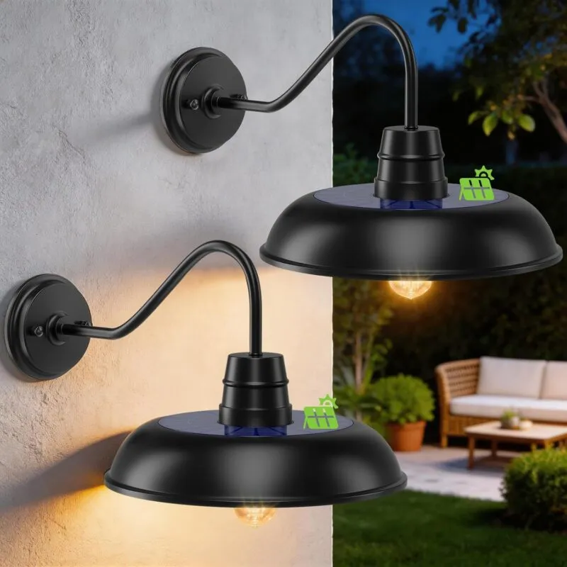 B12027PT Solar Barn Light for Outside, 12 Inch Solar Gooseneck Barn Light, Dusk to Dawn Outdoor Wall Lights Waterproof Industrial Exterior Farmhouse Wall Sconce for Porch Barn Garage Patio, 2 Pack