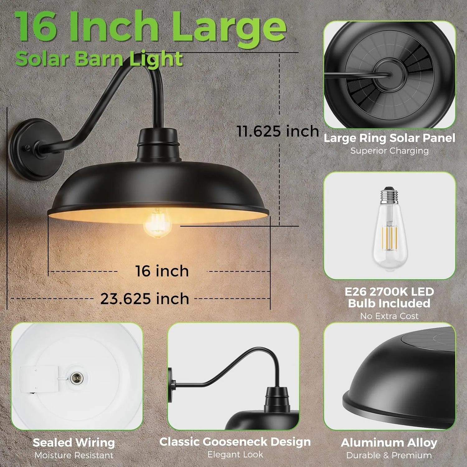 B16005PT 16" Extra Large Solar Barn Light for Outside, Dusk to Dawn Gooseneck Barn Light, 6000mAh Solar Powered Farmhouse Exterior Wall Sconce, Waterproof Rustic Barn Lantern for House Garage Porch, 2 Pack - Image 2