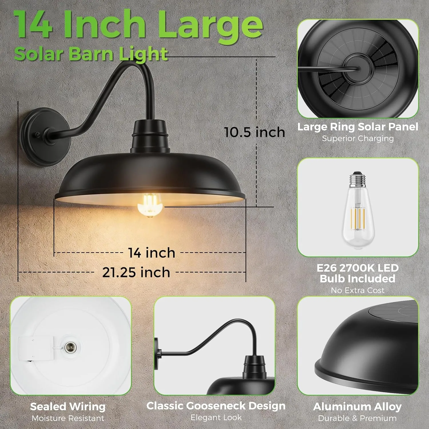 B14003PT 14" Large Solar Barn Lights for Outside, Dusk to Dawn Gooseneck Barn Light Outdoor, 6000mAh Black Outside Wall Mount Light, Waterproof Farmhouse Outdoor Wall Sconces for Porch Garage Shed, 2-Pack - Image 4