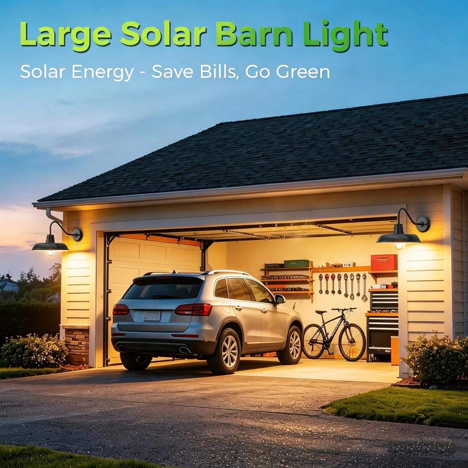 B14003PT 14" Large Solar Barn Lights for Outside, Dusk to Dawn Gooseneck Barn Light Outdoor, 6000mAh Black Outside Wall Mount Light, Waterproof Farmhouse Outdoor Wall Sconces for Porch Garage Shed, 2-Pack - Image 9