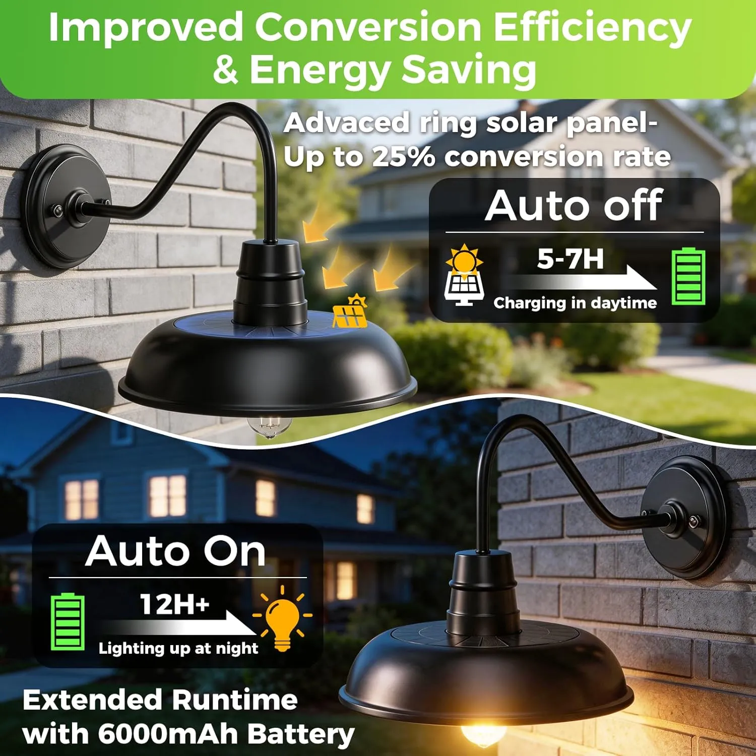 B14003PT 14" Large Solar Barn Lights for Outside, Dusk to Dawn Gooseneck Barn Light Outdoor, 6000mAh Black Outside Wall Mount Light, Waterproof Farmhouse Outdoor Wall Sconces for Porch Garage Shed, 2-Pack - Image 6
