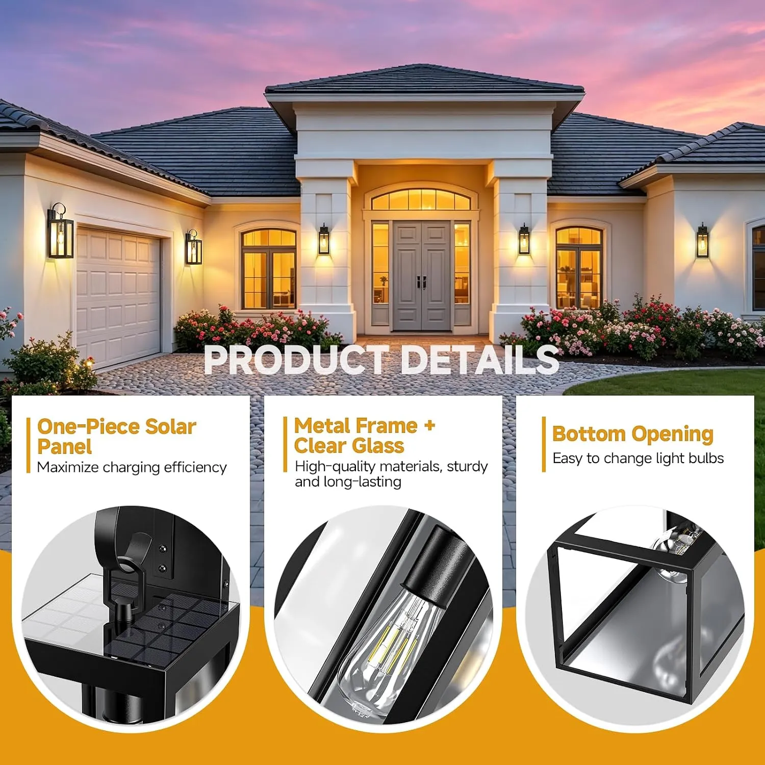 B06190PT WL512B-BK 18" Solar Wall Lights Outdoor 2 Packs, Dusk to Dawn Outdoor Light Fixture Wall Mount, Black Solar Porch Light with Clear Glass, Waterproof Outside Lights for House Porch Garage - Image 7