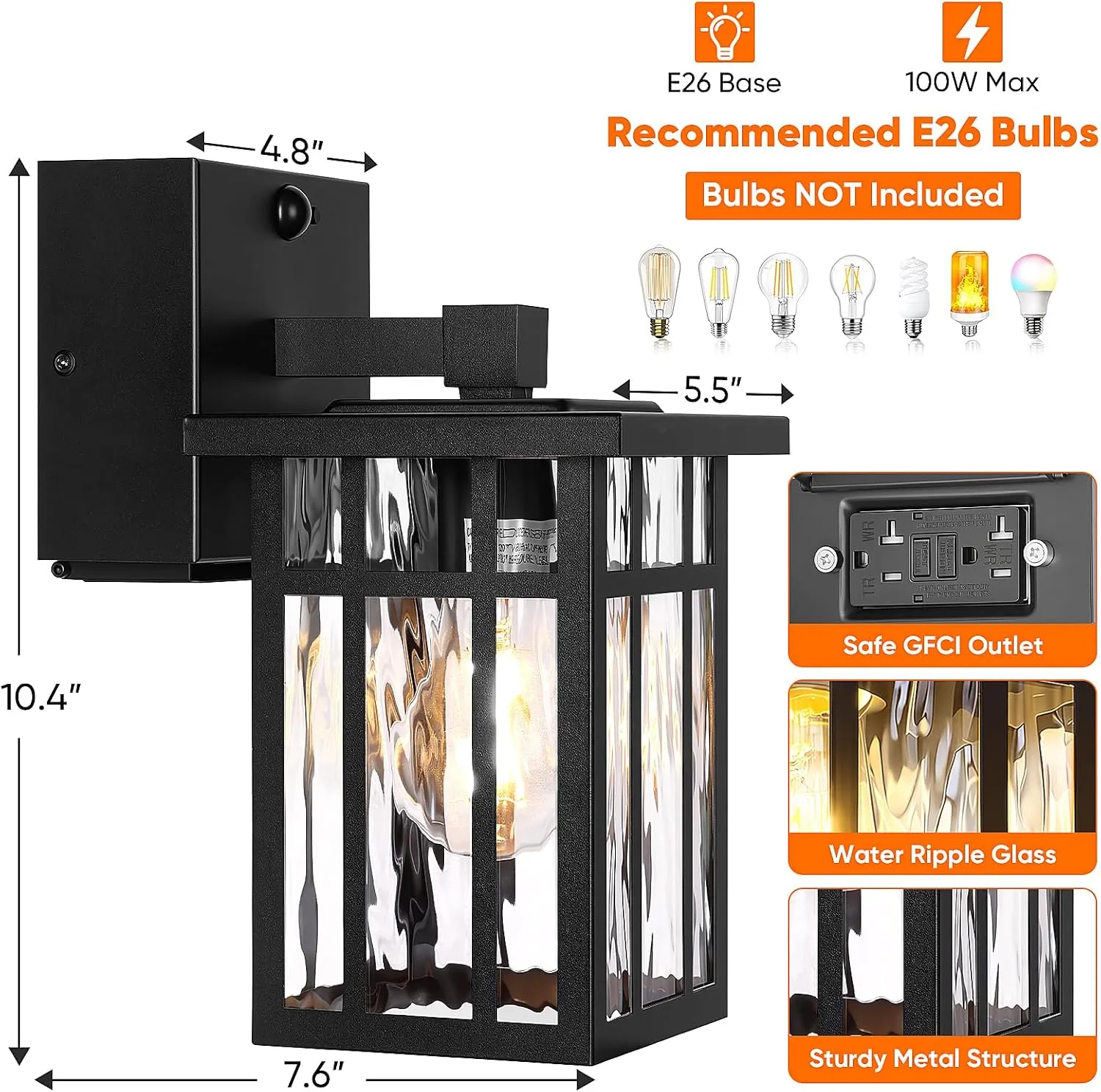 B05106GPG Motion Sensor Outdoor Wall Light with GFCI Outlet, Exterior Lighting Fixture Porch Wall Lantern, 3 Lighting Modes, Matte Black Wall Sconce Waterproof, Outside Light for House Patio Garage - Image 2