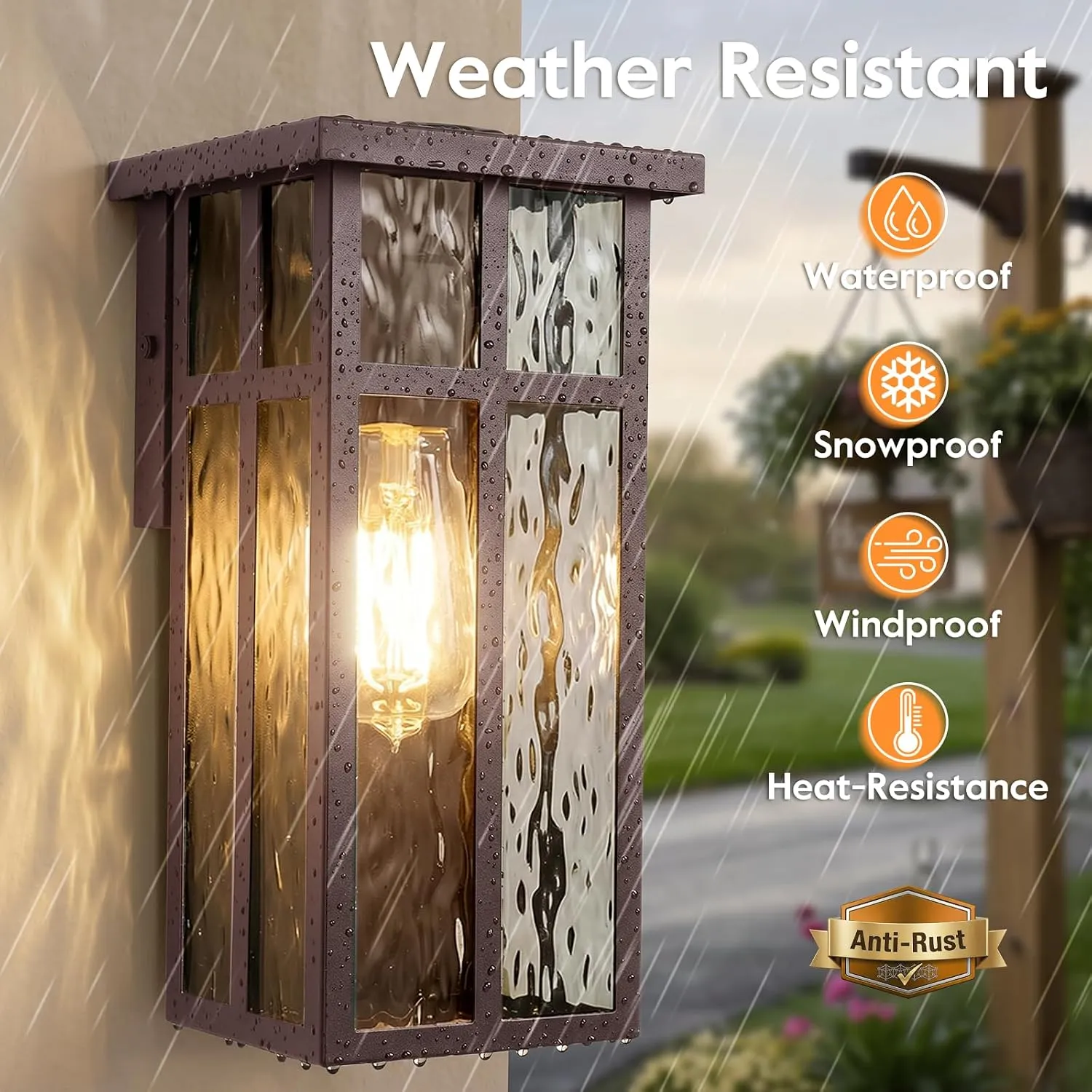 B05107PB Outdoor Wall Lights, Exterior Lighting Fixtures, Waterproof Porch Lights, Wall Sconces Lanterns with Water Ripple Glass Shade, Outside Lights for House Front Door Patio Garage, Brown - Image 2