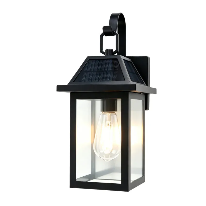 B06198PT  Solar Sconce Lights Outdoor Included E26 Bulbs 2 Pack | Solar Wall Lights Outdoor, IP65 Waterproof, Modern Black Dusk to Dawn Solar Porch Lights, for Garage Courtyard Patio