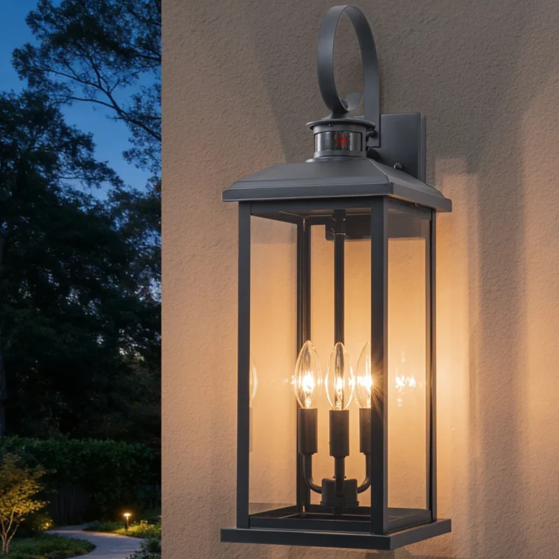 CA2567-LIN-W B06138PGB 23.5in. Oversize Black Motion Sensor Dusk To Dawn Outdoor Wall Lantern With Tempered Glass Shade