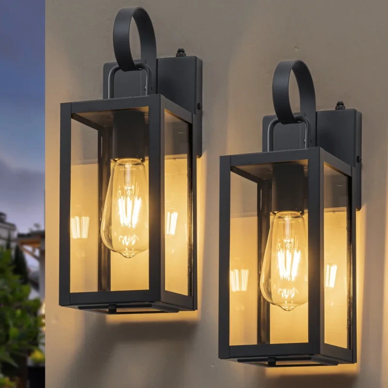 CA2664-2SW B04072P Black Dusk To Dawn Outdoor Wall Lantern With Tempered Glass Shade And Closed Bottom