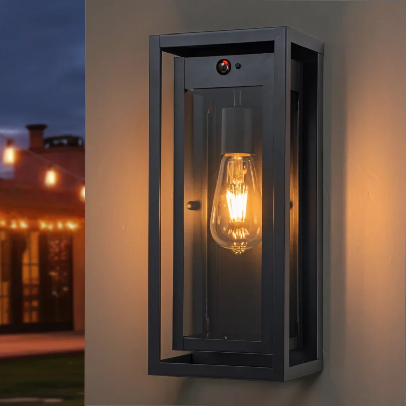 CA2661-WM B06121PG Black Motion Sensor Outdoor Wall Lantern Sconce With Tempered Glass Shade
