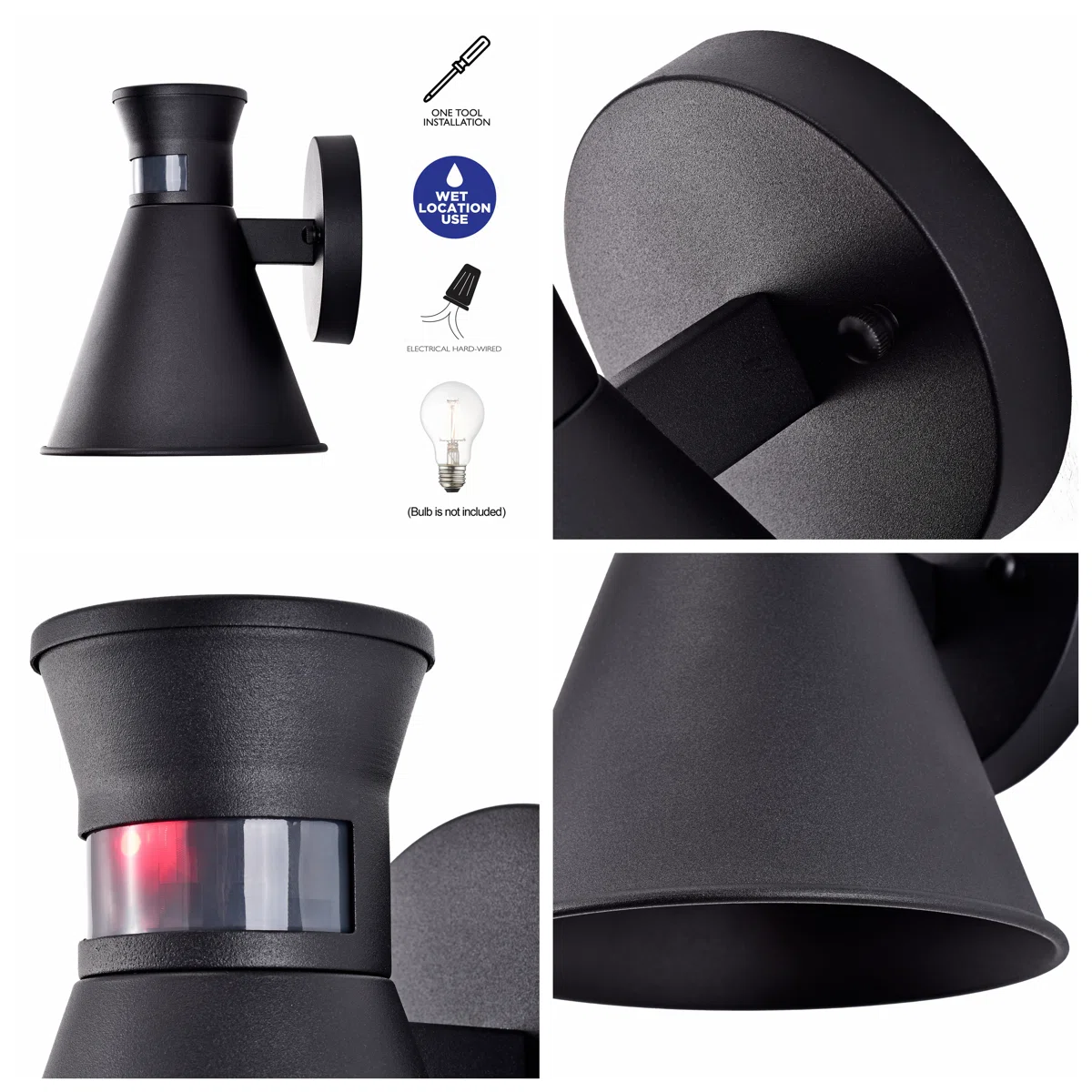Black Outdoor Motion Sensor Light, Downlight Cone Sconce Dusk to Dawn - Image 4