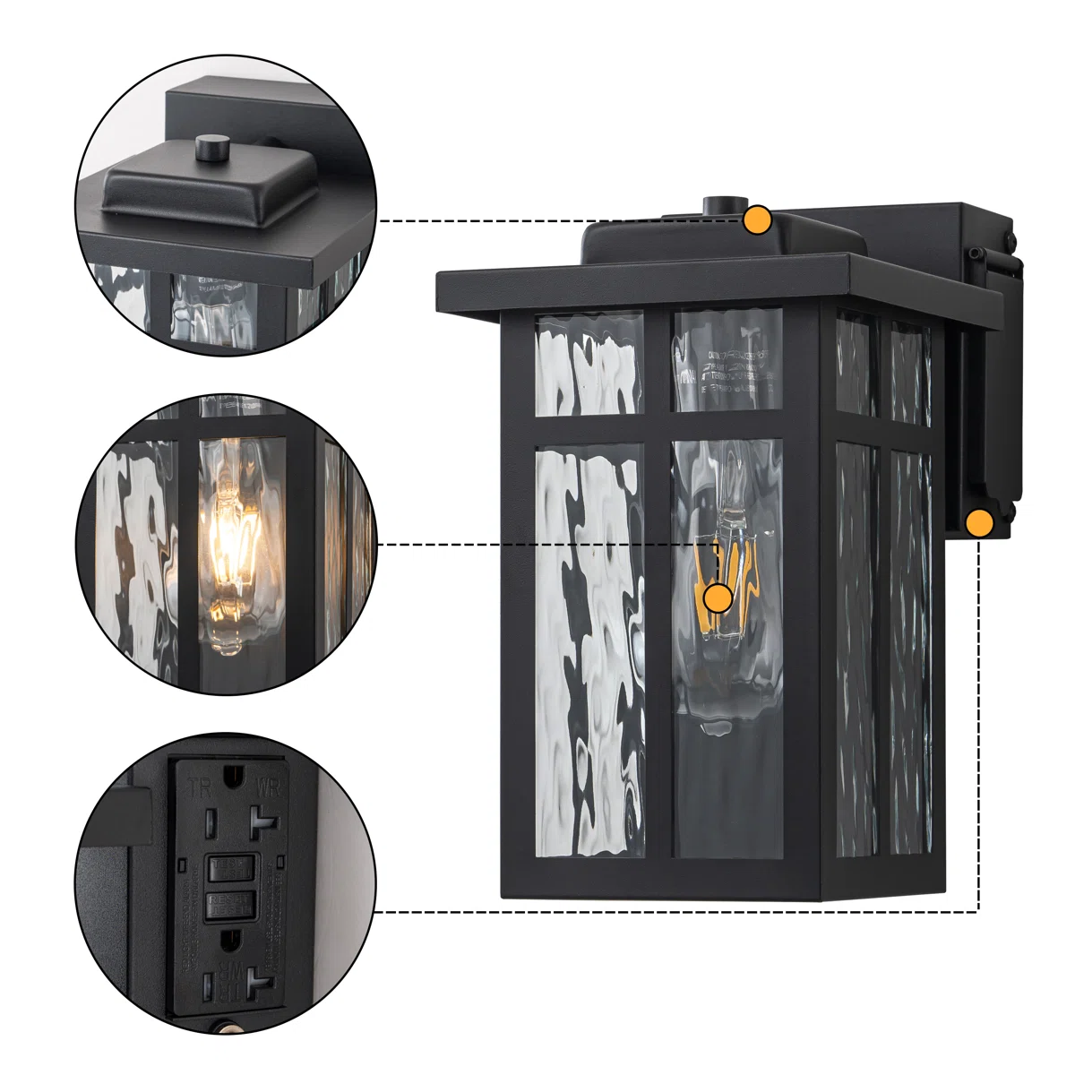 CA2429-WGF B06092GP Black Outdoor Wall Lantern With Water Glass Shade And Gfci Outlet - Image 6