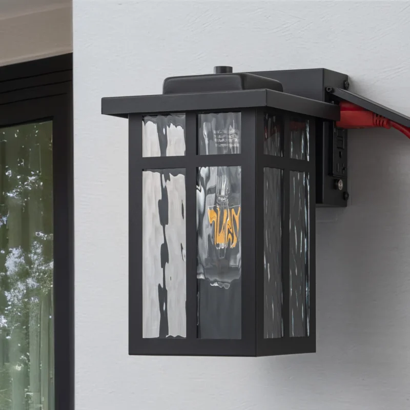 CA2429-WGF B06092GP Black Outdoor Wall Lantern With Water Glass Shade And Gfci Outlet