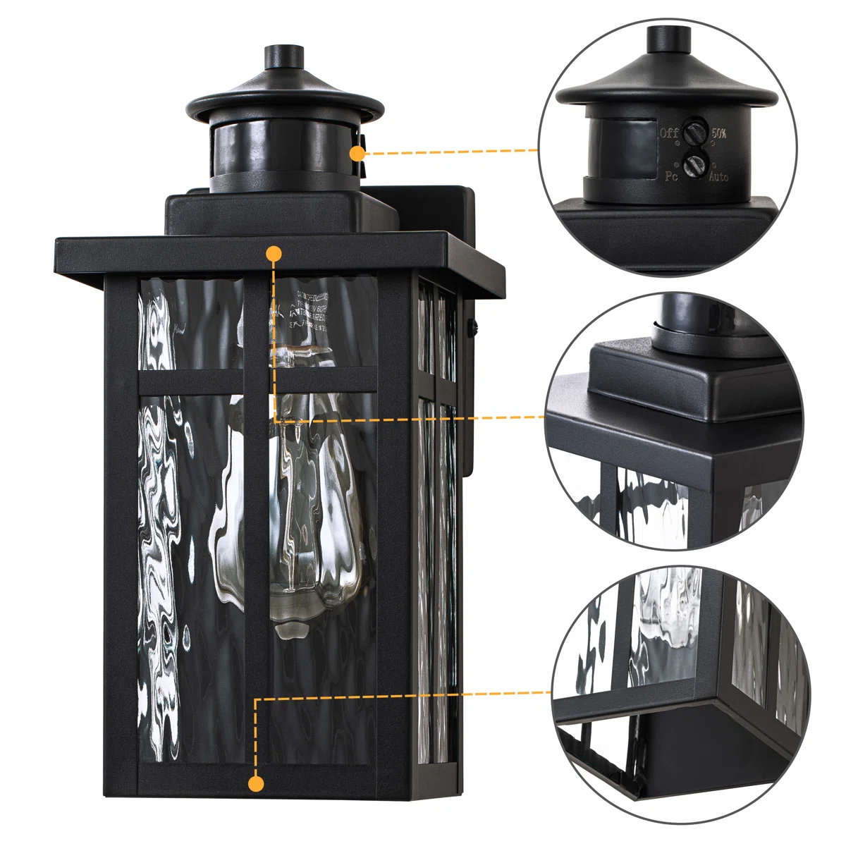CA2430-2W B06092PG Black Outdoor Wall Lantern with Motion Sensor, Waterfall Glass Exterior Light (Set of 2) - Image 4