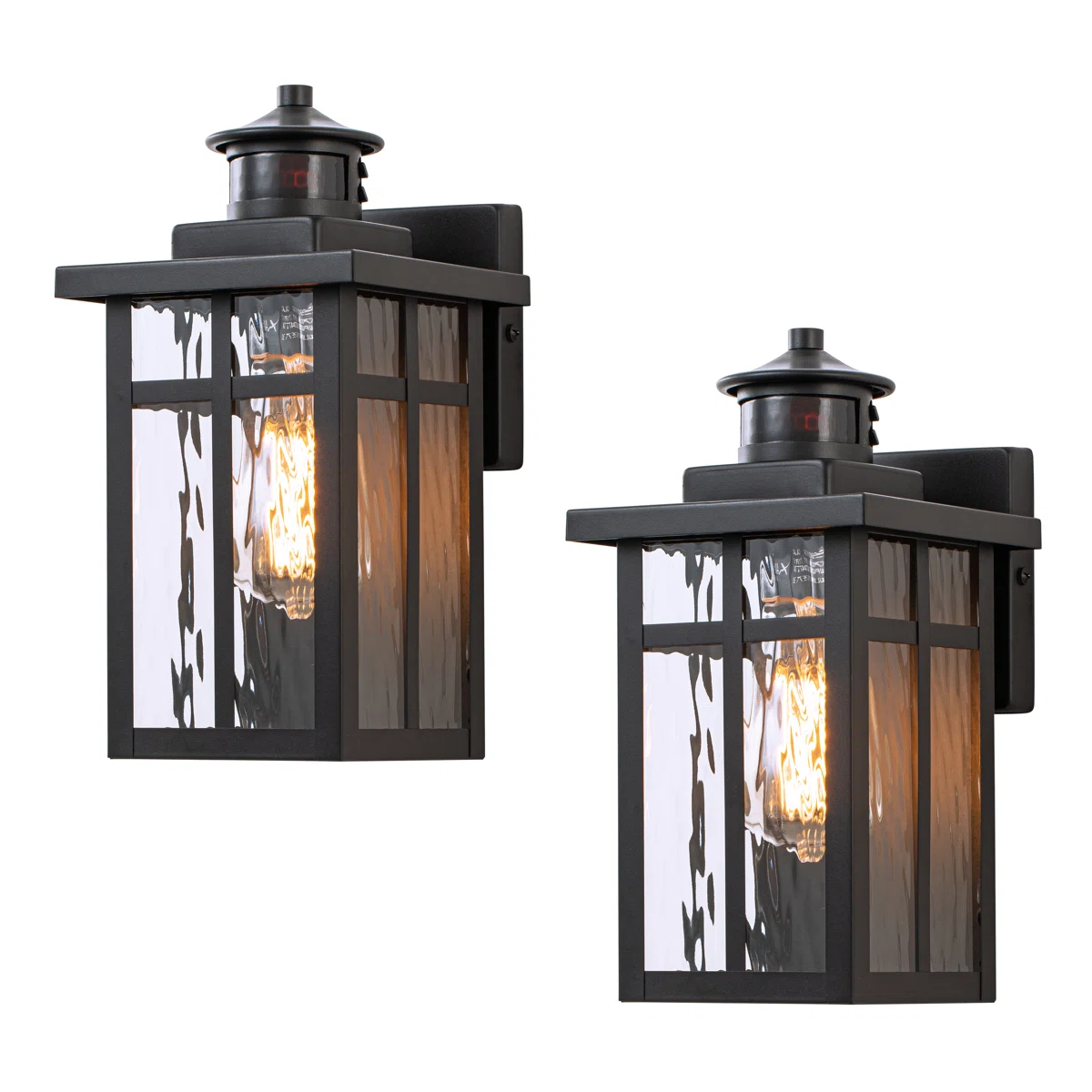 CA2430-2W B06092PG Black Outdoor Wall Lantern with Motion Sensor, Waterfall Glass Exterior Light (Set of 2)