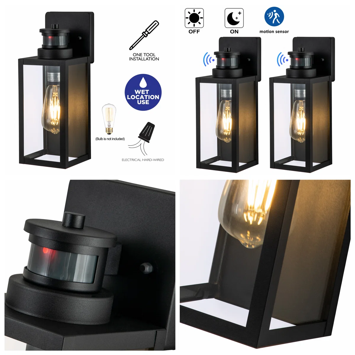 CA2239-2W B04013PG Outdoor Wall Lantern Set, Motion Sensor Dusk to Dawn Black Industrial Sconce - Image 5