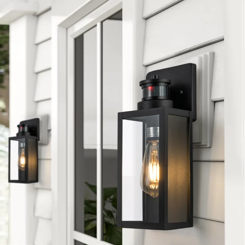 CA2239-2W B04013PG Outdoor Wall Lantern Set, Motion Sensor Dusk to Dawn Black Industrial Sconce